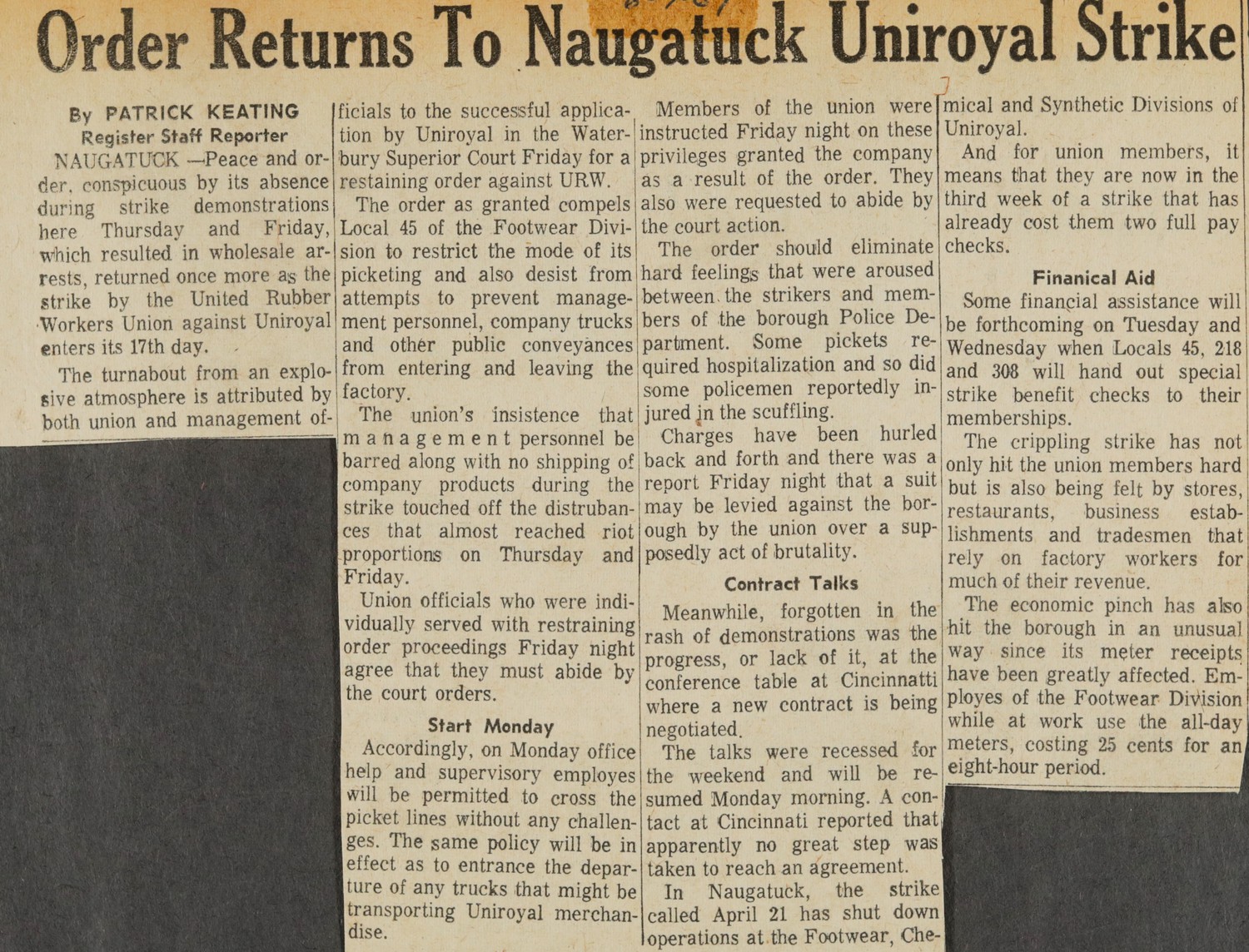 Order Returns To Naugatuck Uniroyal Strike