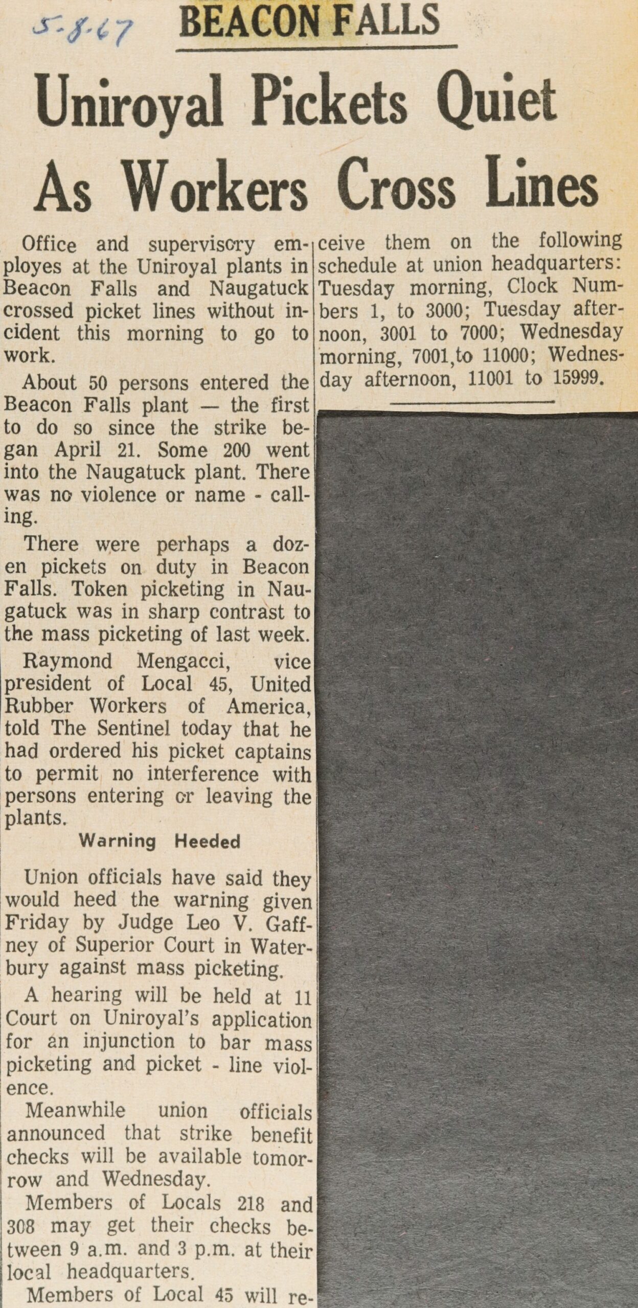 Uniroyal Pickets Quiet As Workers Cross Lines