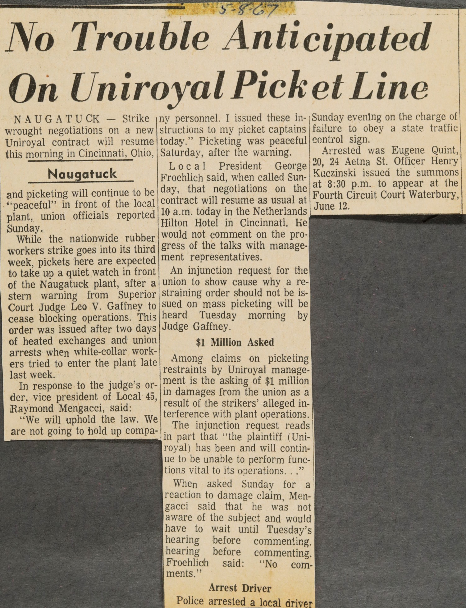 No Trouble Anticipated On Uniroyal Picket Line