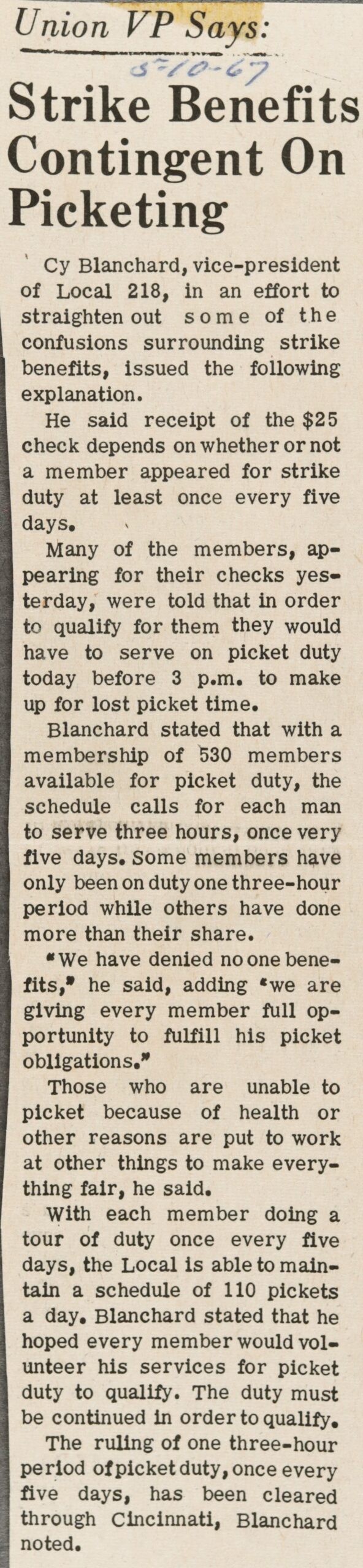 Strike Benefits Contingent On Picketing