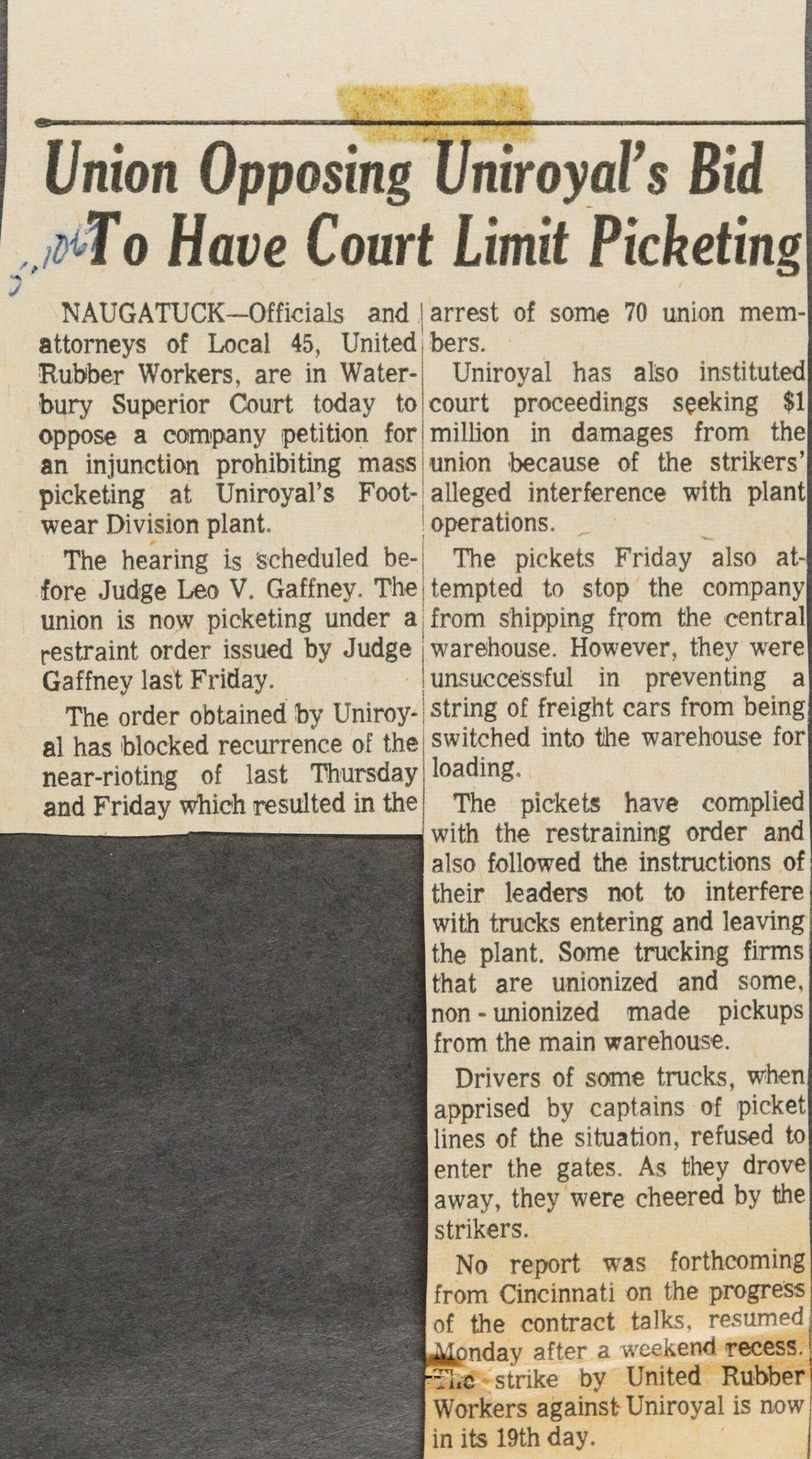 Union Opposing Uniroyal's Bid To Have Court Limit Picketing